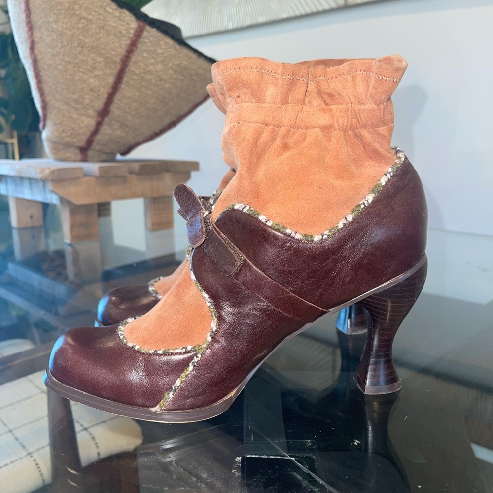 Morenatom Cognac And Grey Suede High Heel Round Toe Boots Sz 9B
